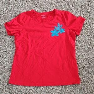Hand Crafted Red Tee with Blue Floral Accent